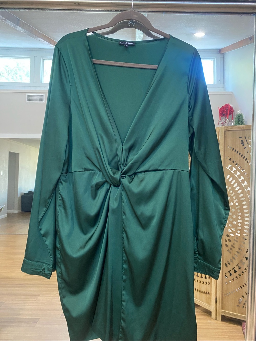 Fashion Nova Deep Green Satin Twist-Front Long Sleeve Dress